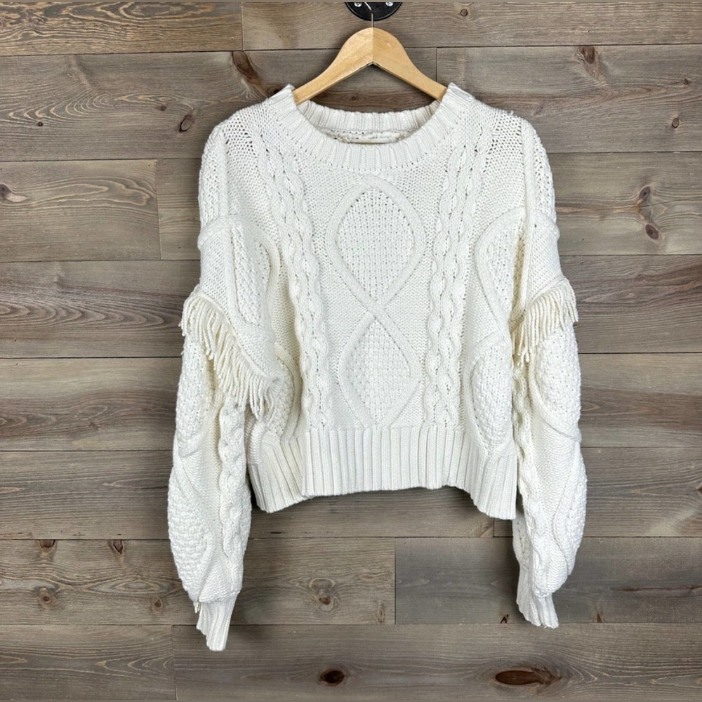 Revolve Line & Dot White Chunky Cable Knit Sweater Fringe Round Neck Sz XS or S - Picture 2 of 9